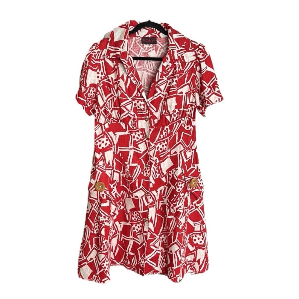 ROJAS Vintage Linen Shirtdress Red & Beige Patterned Babydoll Safari‎ Size Large